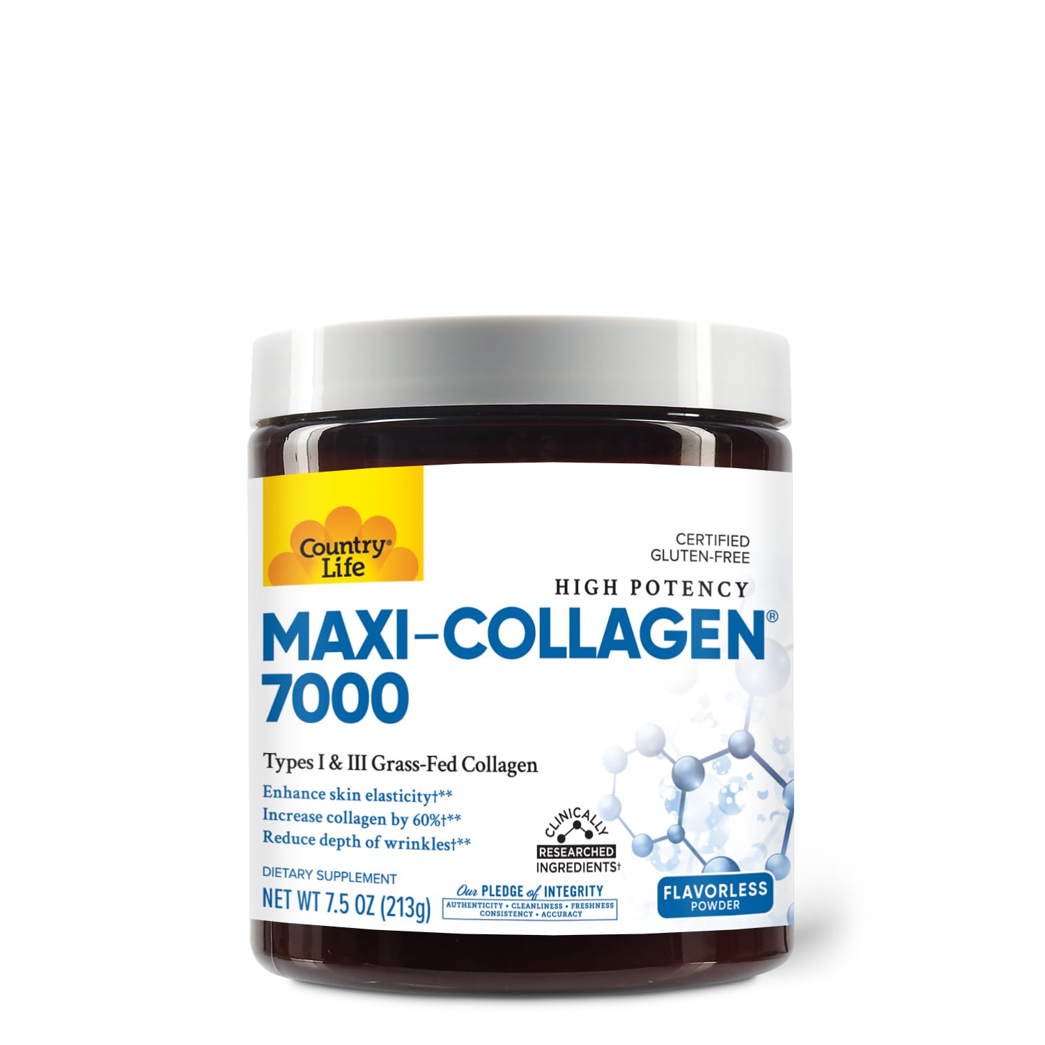 Country Life Maxi-Collagen 7000 en bote, posible apoyo a la elasticidad de la piel