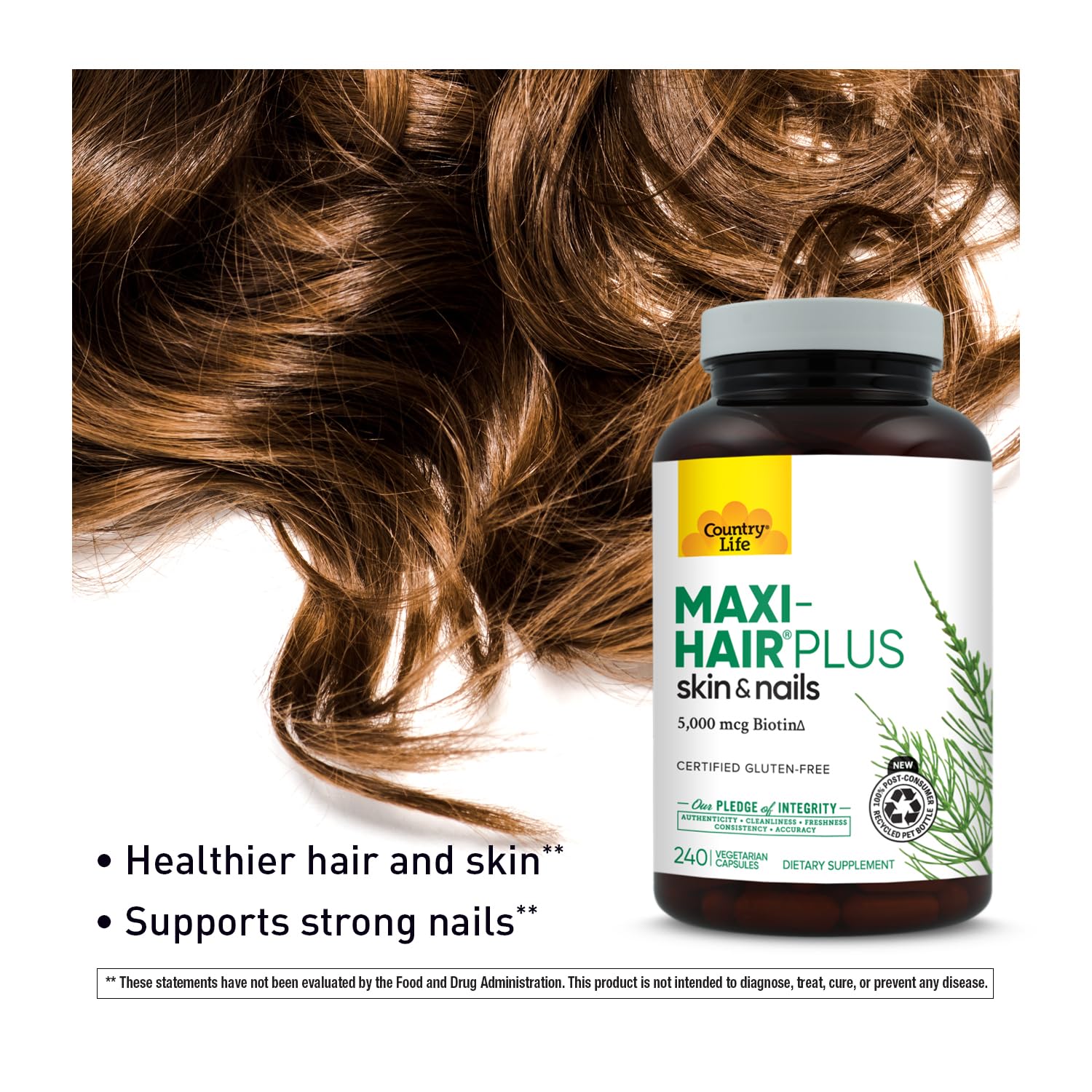 Country Life Maxi-Hair Plus Biotina botanicas y aminoácidos para cabello y uñas.