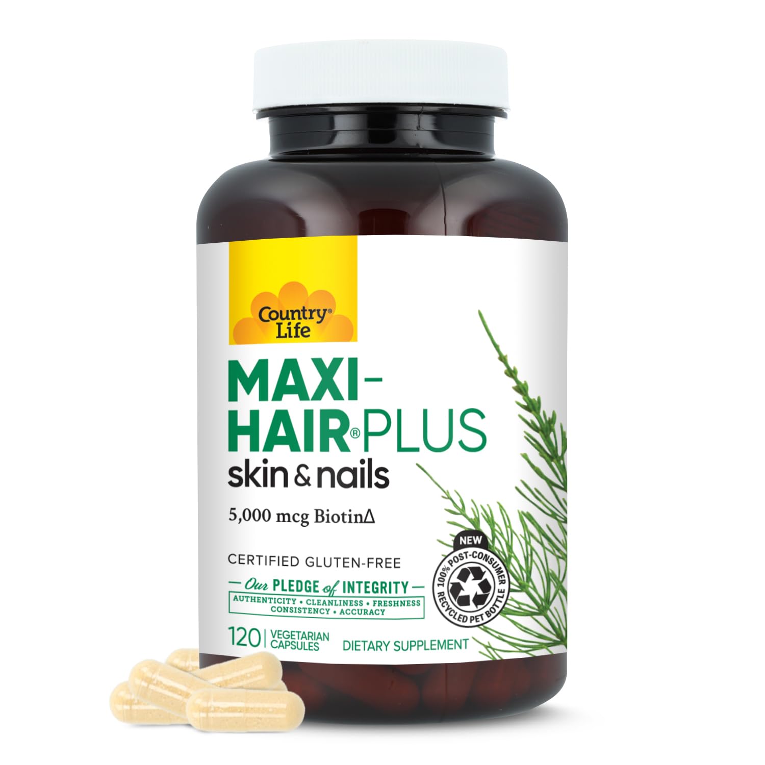 Botella Country Life Maxi-Hair Plus Biotin, cápsulas para apoyar cabello, piel y uñas.
