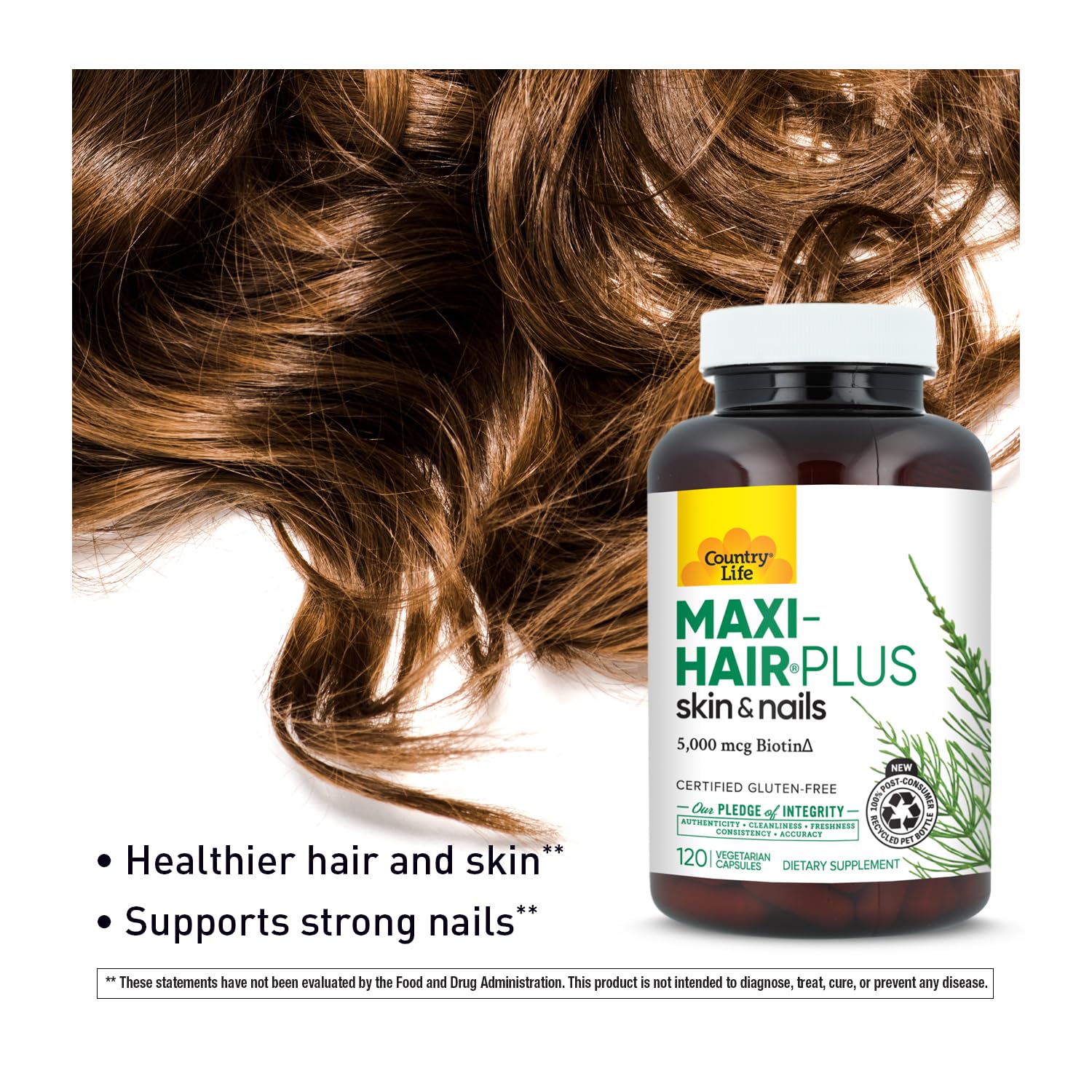 Fórmula vegetariana y sin gluten de Country Life Maxi-Hair Plus Biotin.