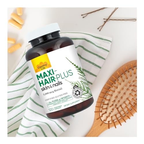 Uso diario sencillo de Country Life Maxi-Hair Plus Biotin: toma con comidas.