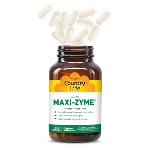 Country Life Maxi-Zyme cápsulas vegetales para soporte digestivo diario.