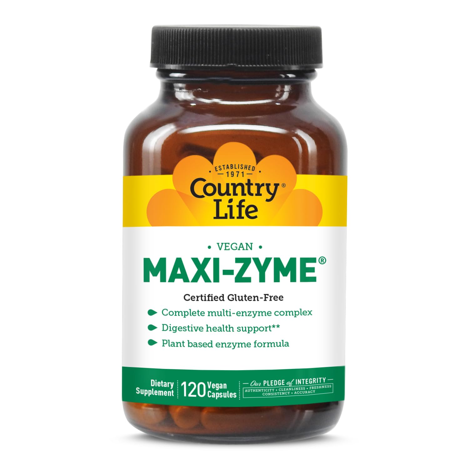 Country Life Maxi-Zyme envase vegetal para cápsulas veganas.