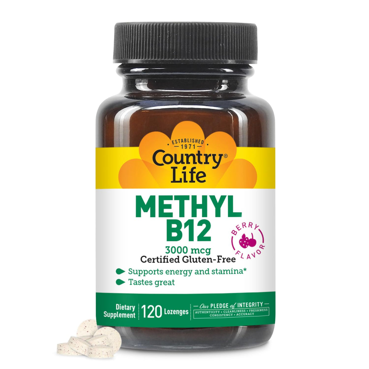 Country Life Methyl B12, frasco de pastillas frambuesa, apoyo para la energía diaria.