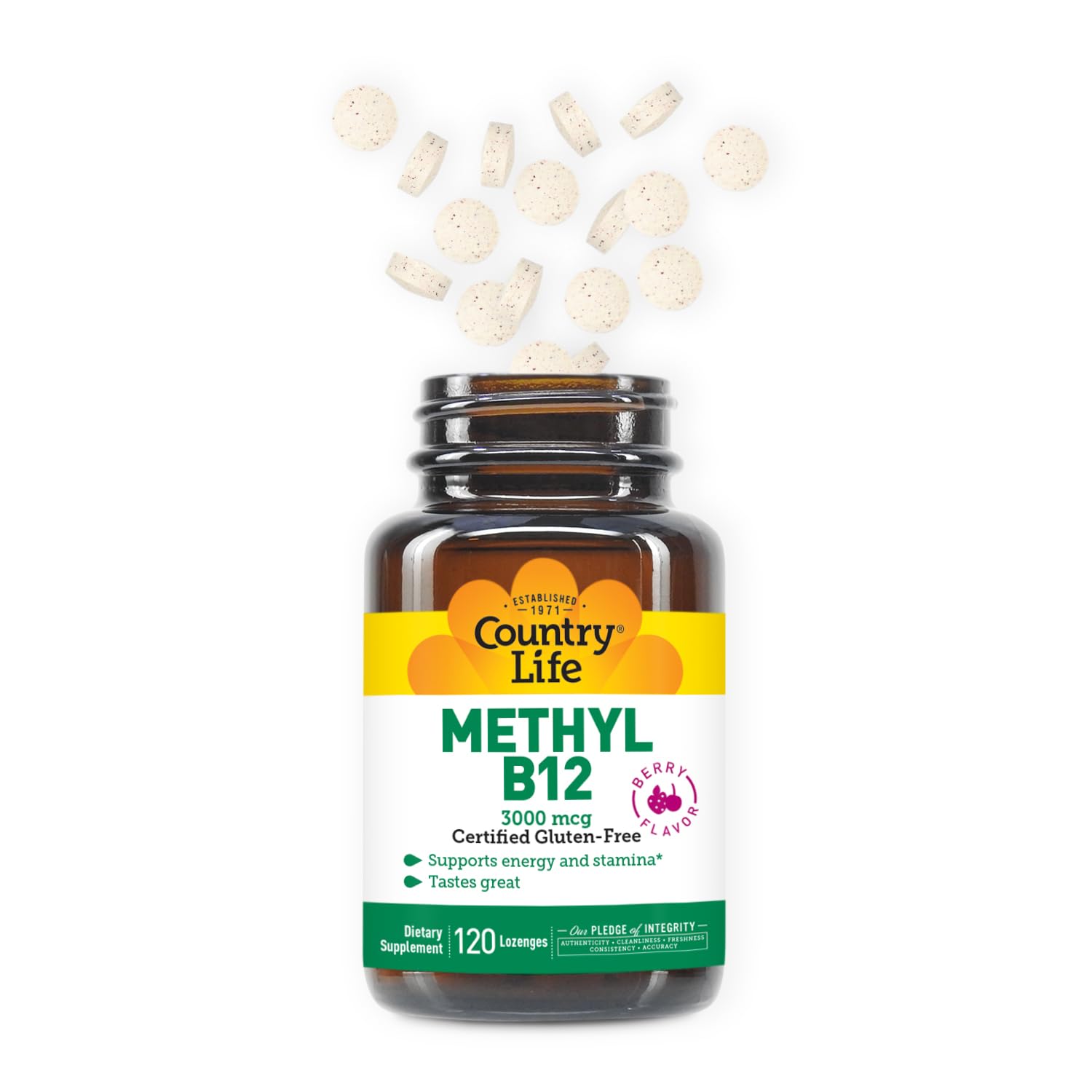 Country Life Methyl B12, pastillas frambuesa veganas para absorción rápida.