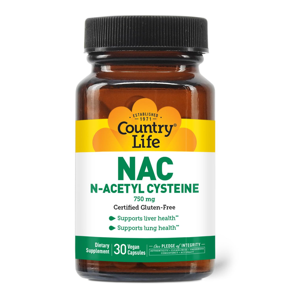 Country Life NAC botella 750 mg, soporte antioxidante para hígado y pulmones.