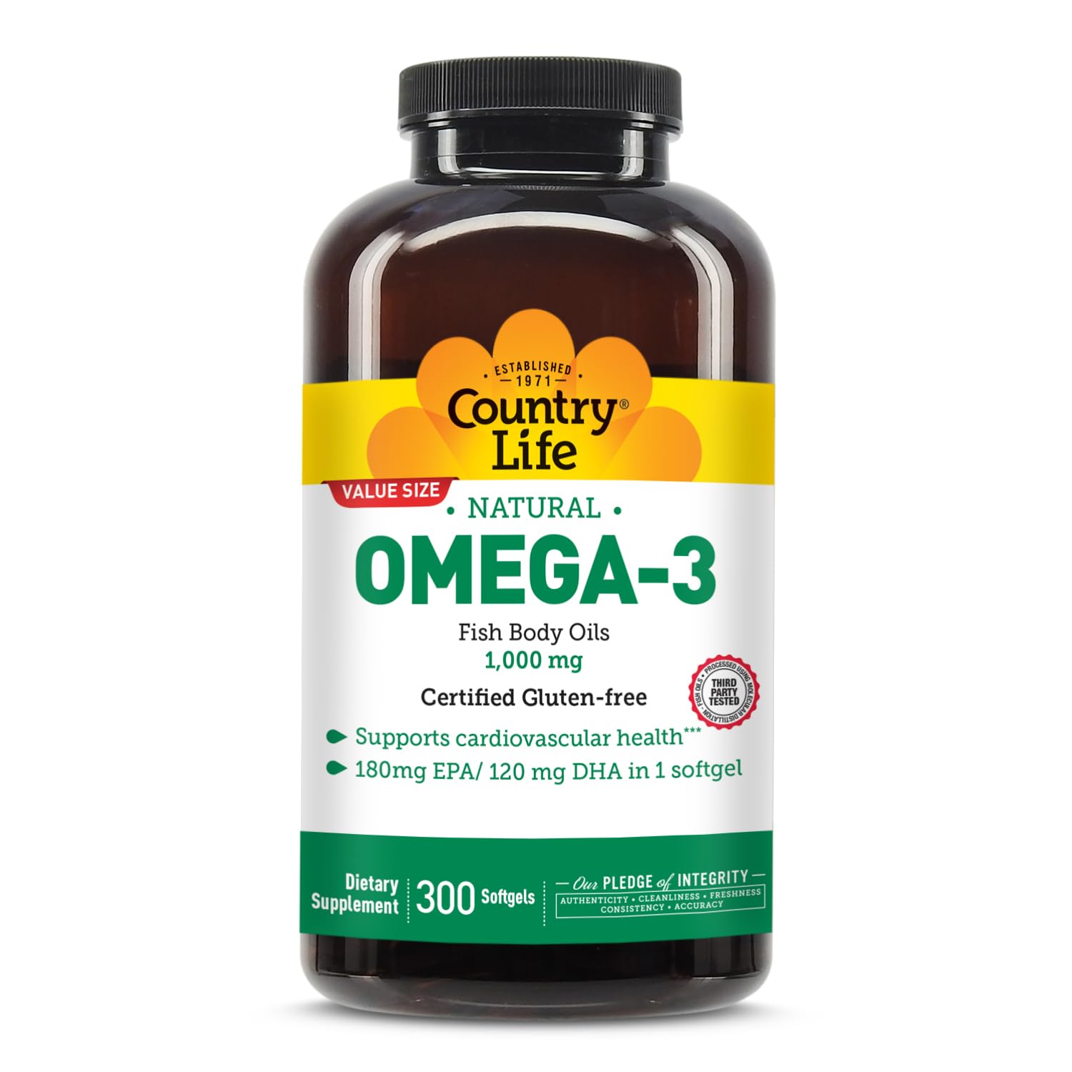 Country Life Omega-3: botella del suplemento de aceite de pescado para uso diario.