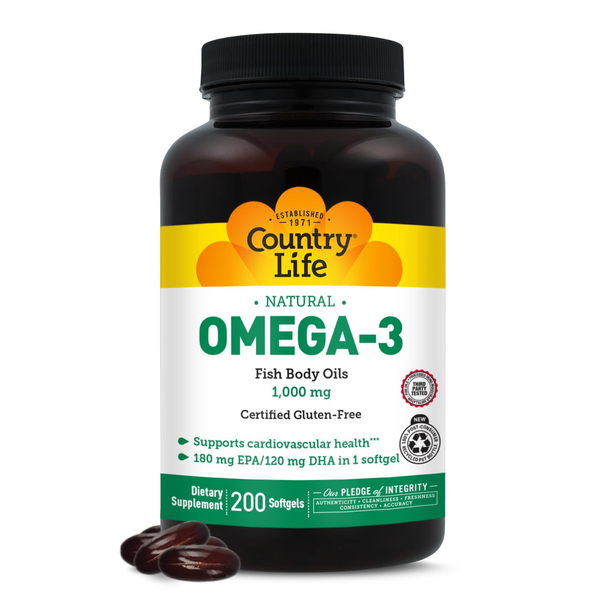 Country Life Omega-3, botella de cápsulas; alta pureza para uso diario.