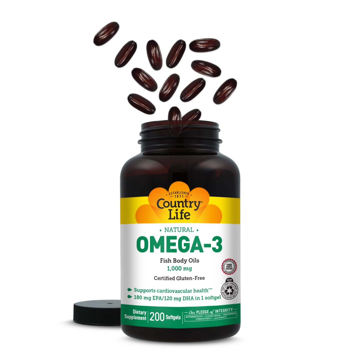 Country Life Omega-3, etiqueta GFCO certifica libre de gluten.