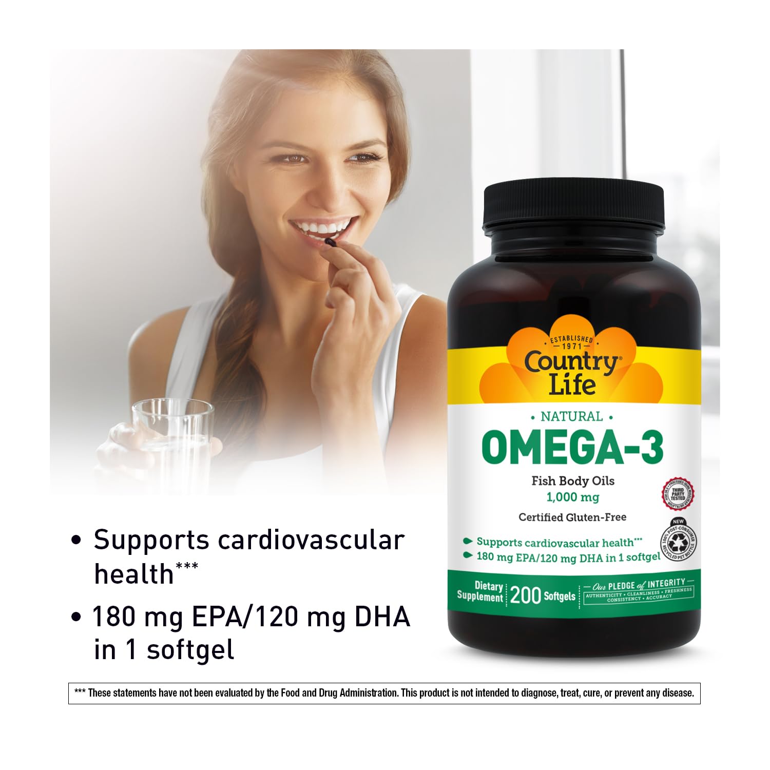 Country Life Omega-3, sello sin gluten GFCO que garantiza ingredientes aptos.