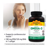Country Life Omega-3, sello sin gluten GFCO que garantiza ingredientes aptos.