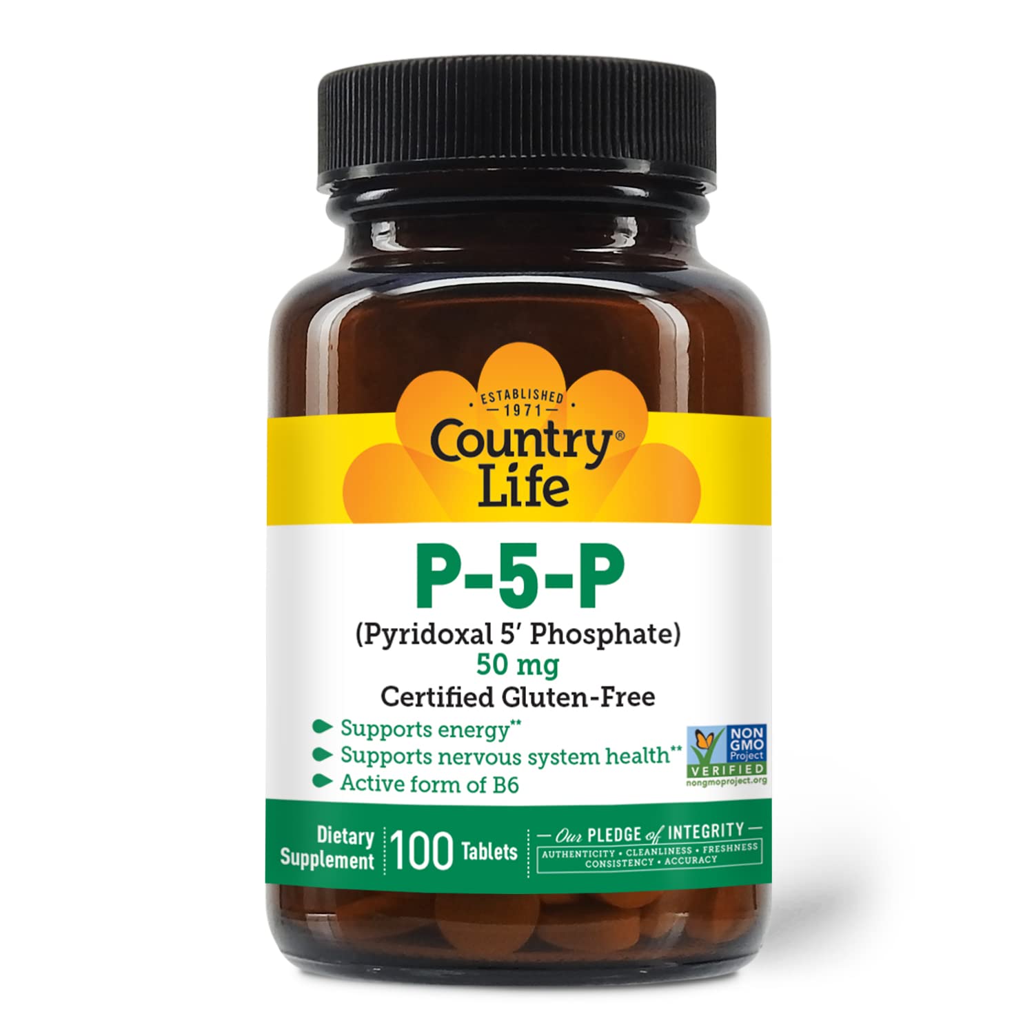 Country Life P-5-P Vitamina B6: etiqueta que resalta vegan y sin gluten.