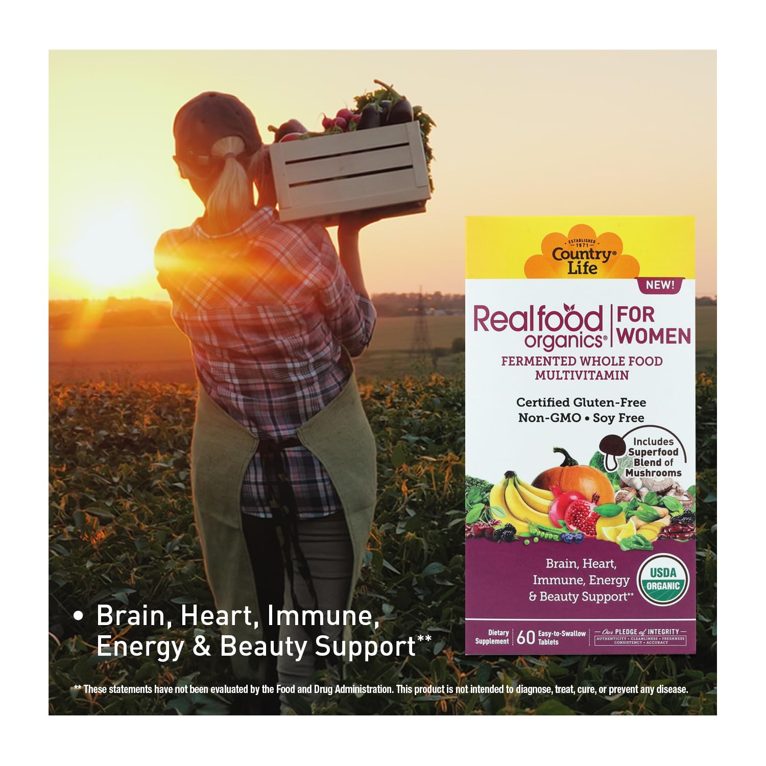 Country Life Realfood Organics multivitaminas para mujeres, botella de uso diario