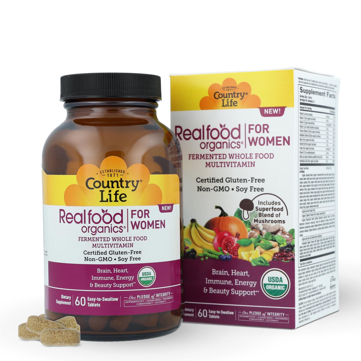 Etiqueta de Country Life Realfood Organics, certificado orgánico para mujeres