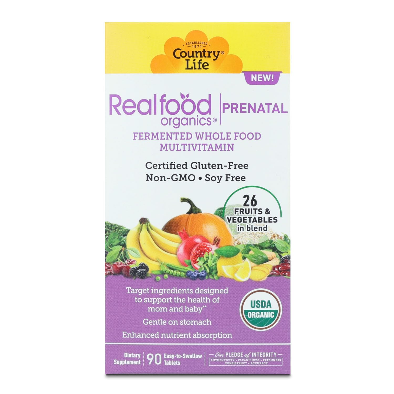 Country Life Realfood Organics Prenatal, botella con tabletas para consumo diario.