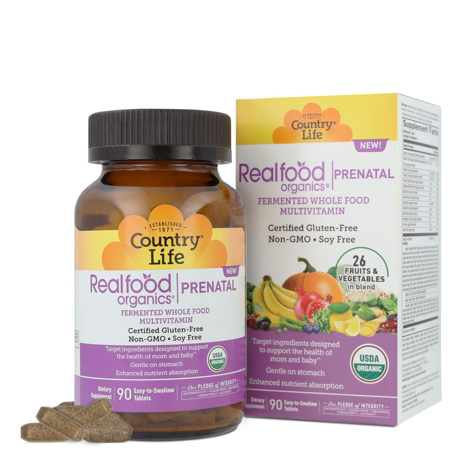 Realfood Organics Prenatal, etiqueta de ingredientes para confianza en pureza.