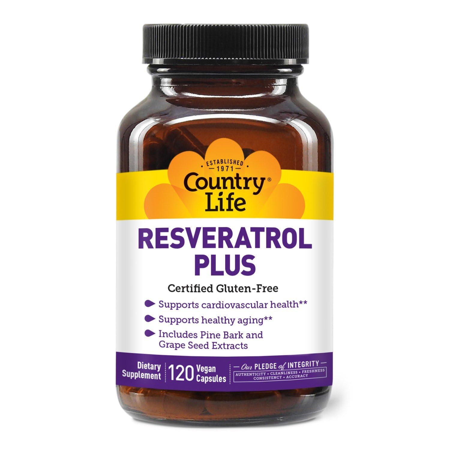 Country Life Resveratrol Plus: botella de 1000 mg para apoyo antioxidante diario.