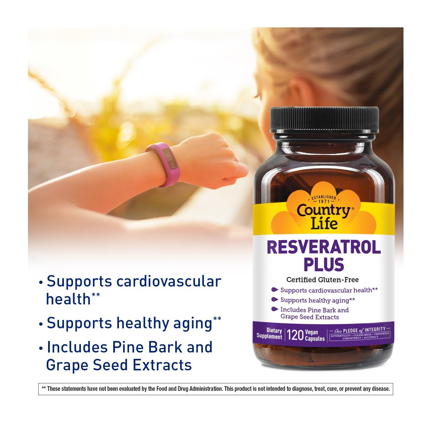 Country Life Resveratrol Plus: etiqueta certificada vegana y sin gluten.