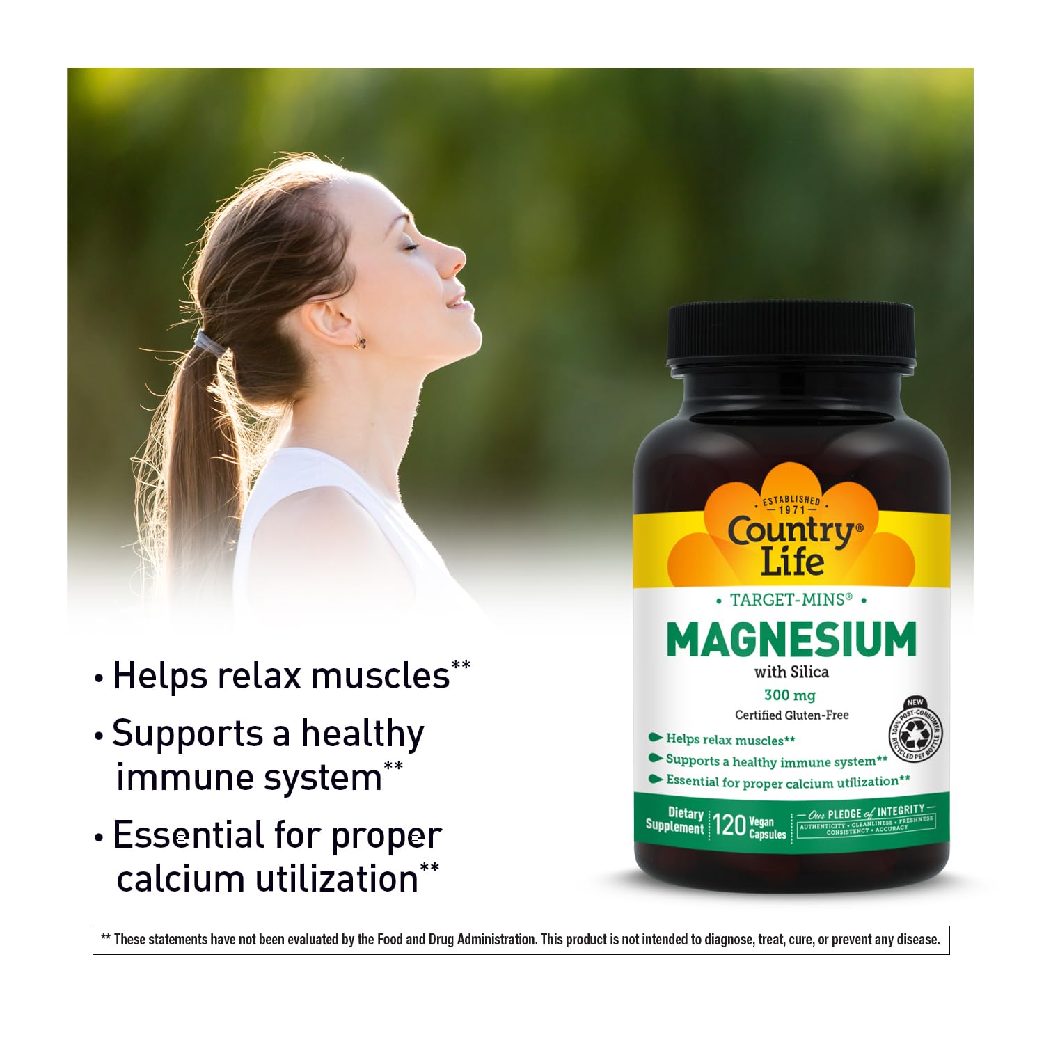 Country Life Target-Mins Magnesium con Sílice: etiqueta muestra certificación vegana y libre de gluten.