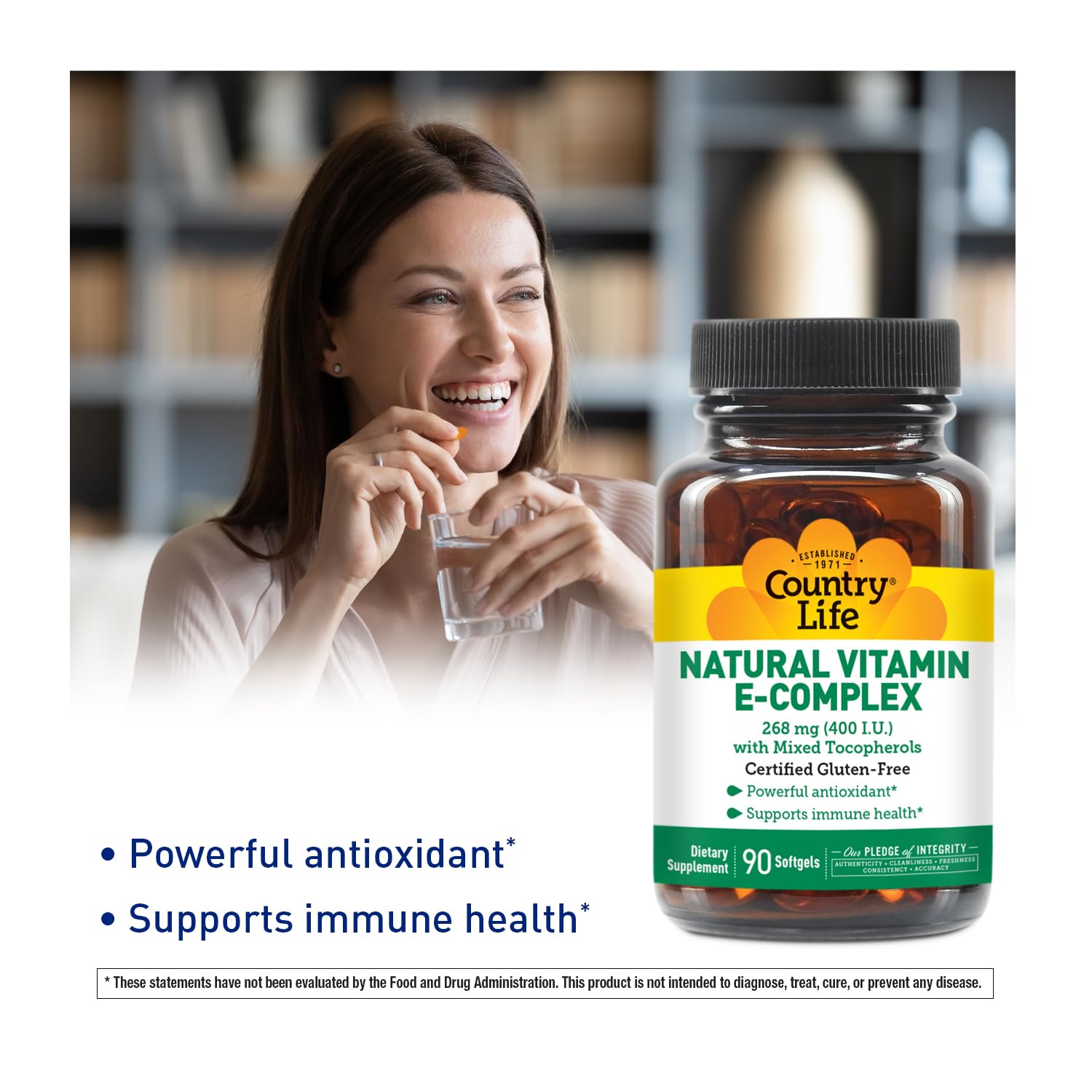 Etiqueta Country Life Vitamin E-Complex que destaca 400 UI para apoyo inmunitario