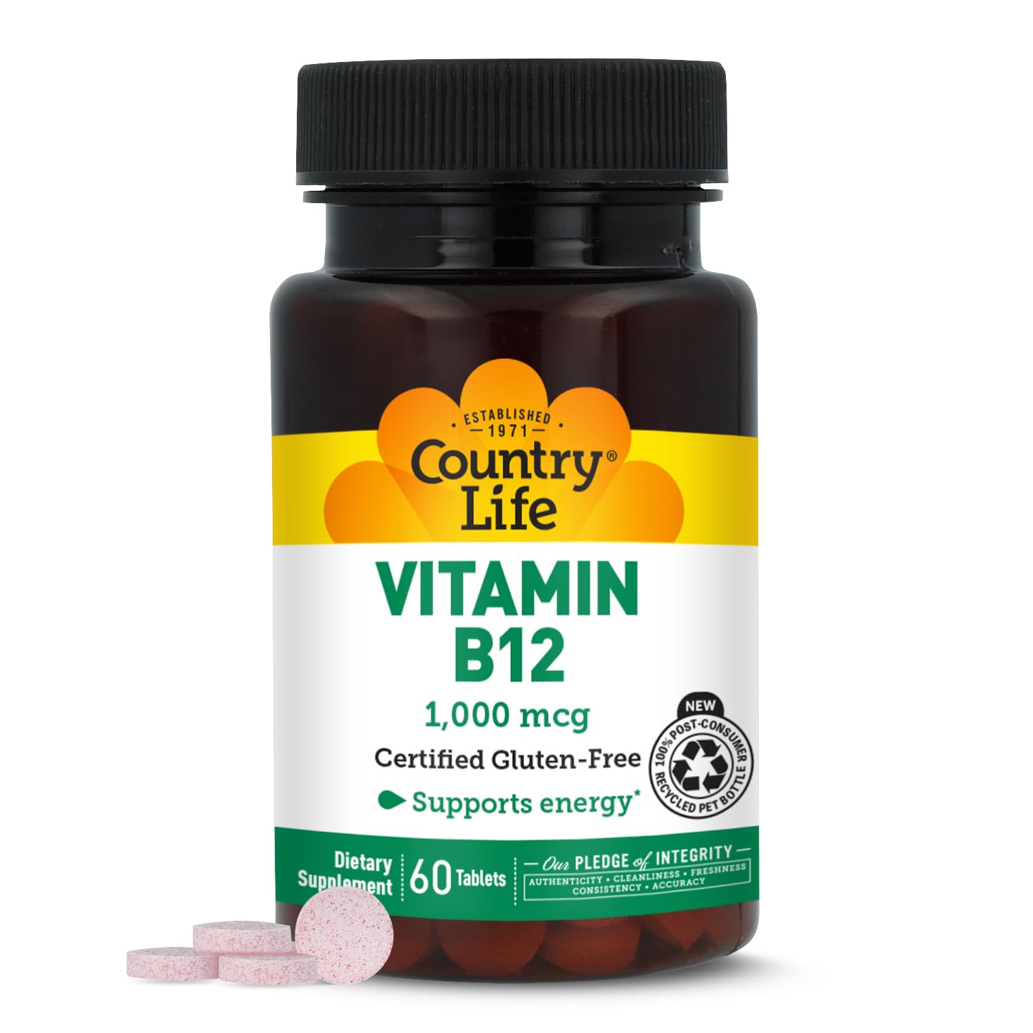 Country Life Vitamina B12: botella frente, apoyo a la energía diaria y claridad mental.