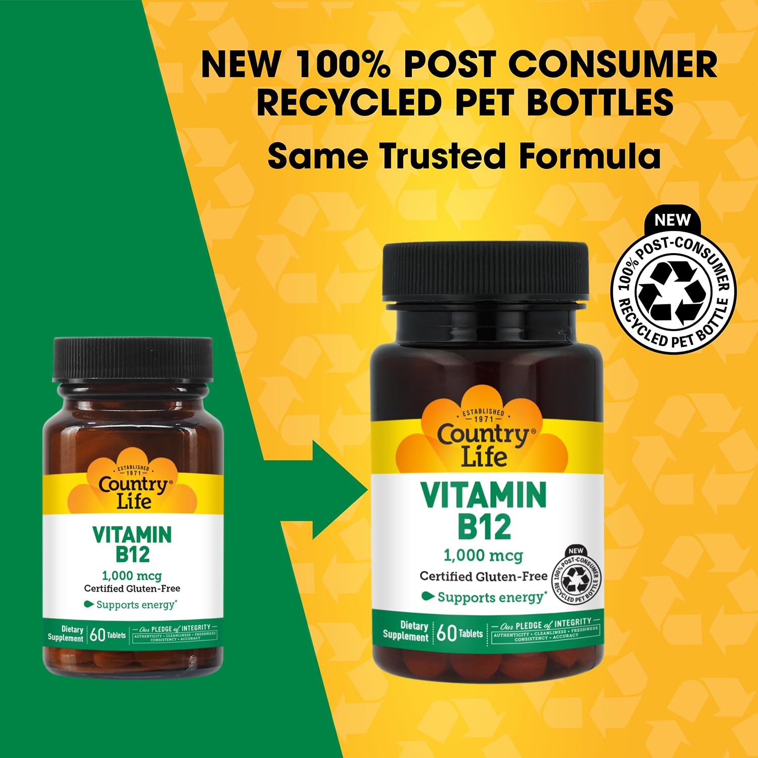 Country Life Vitamina B12: etiqueta frontal, transparencia en ingredientes y origen ético.