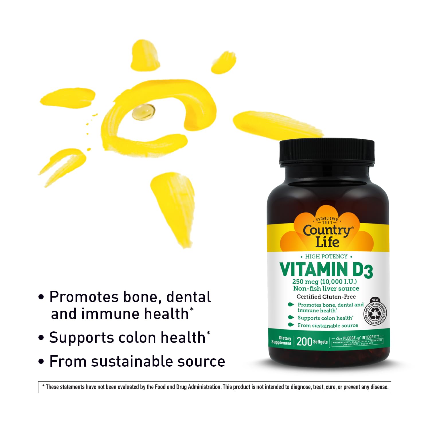 Country Life Vitamina D3, frasco cerrado con información de dosis
