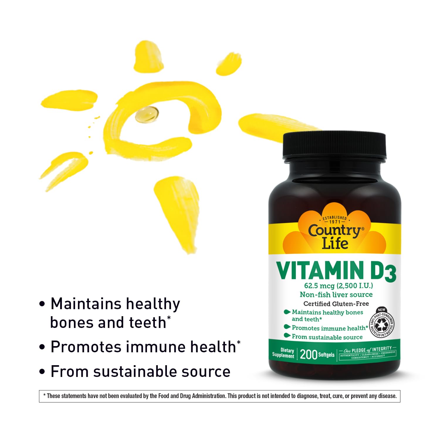 Country Life Vitamina D3 2500 UI — apoyo al calcio y huesos fuertes
