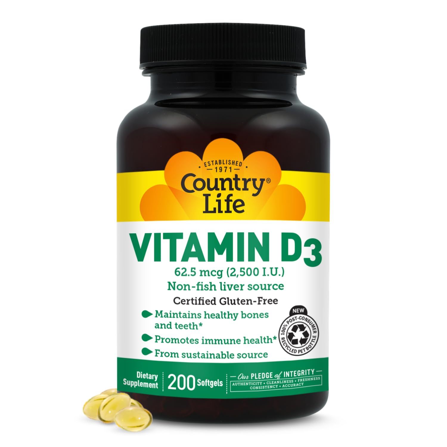 Country Life Vitamina D3 2500 UI — botella visible para uso diario y absorción de calcio