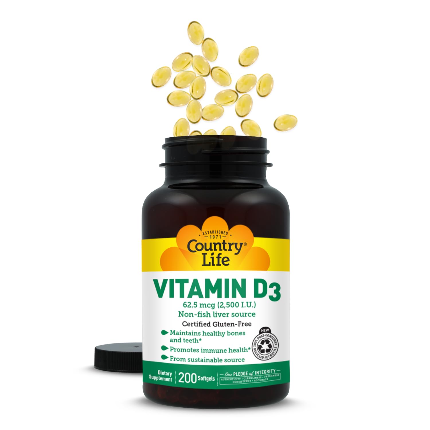 Country Life Vitamina D3 2500 UI — etiqueta clara con fuente no marina y sin gluten