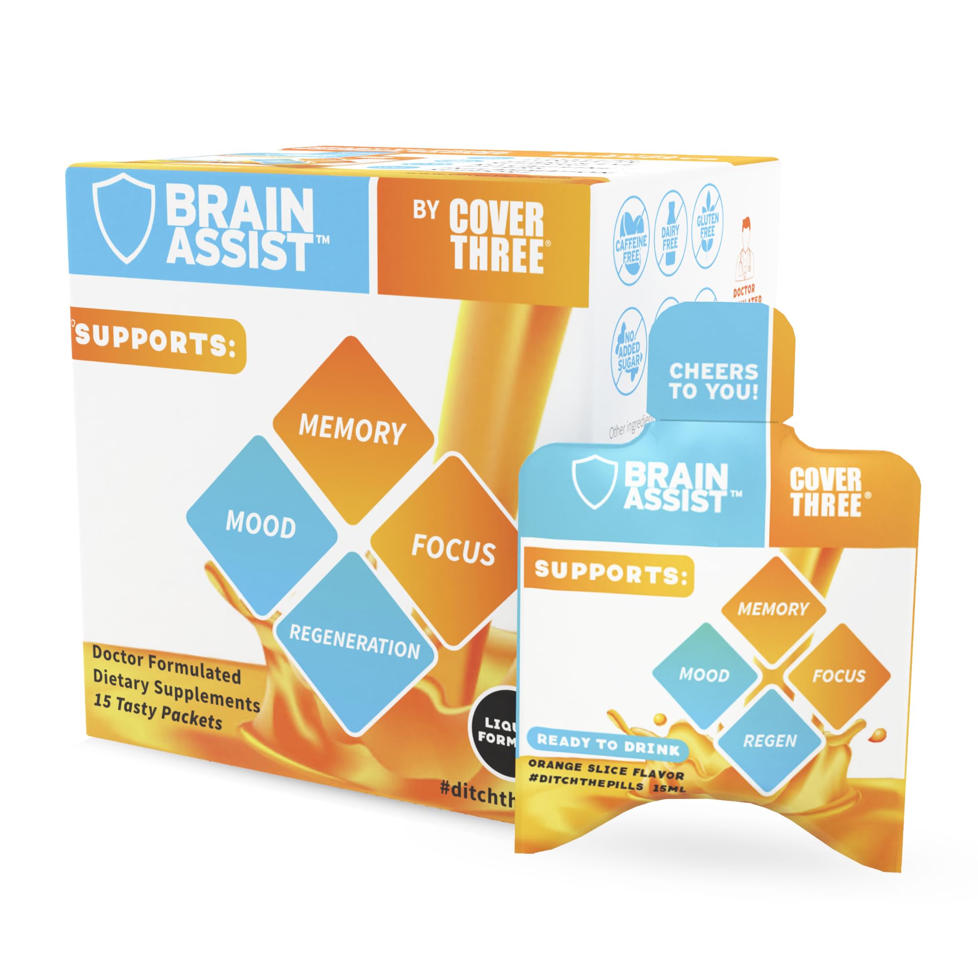 Cover Three Brain Assist, botella derramando: apoyo para concentración diaria.