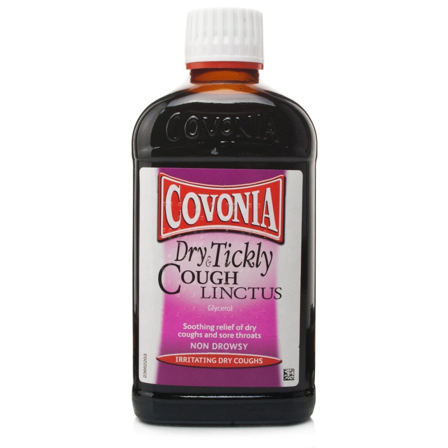 Covonia linctus para tos seca, vertiendo la botella para calmar la irritación de la garganta