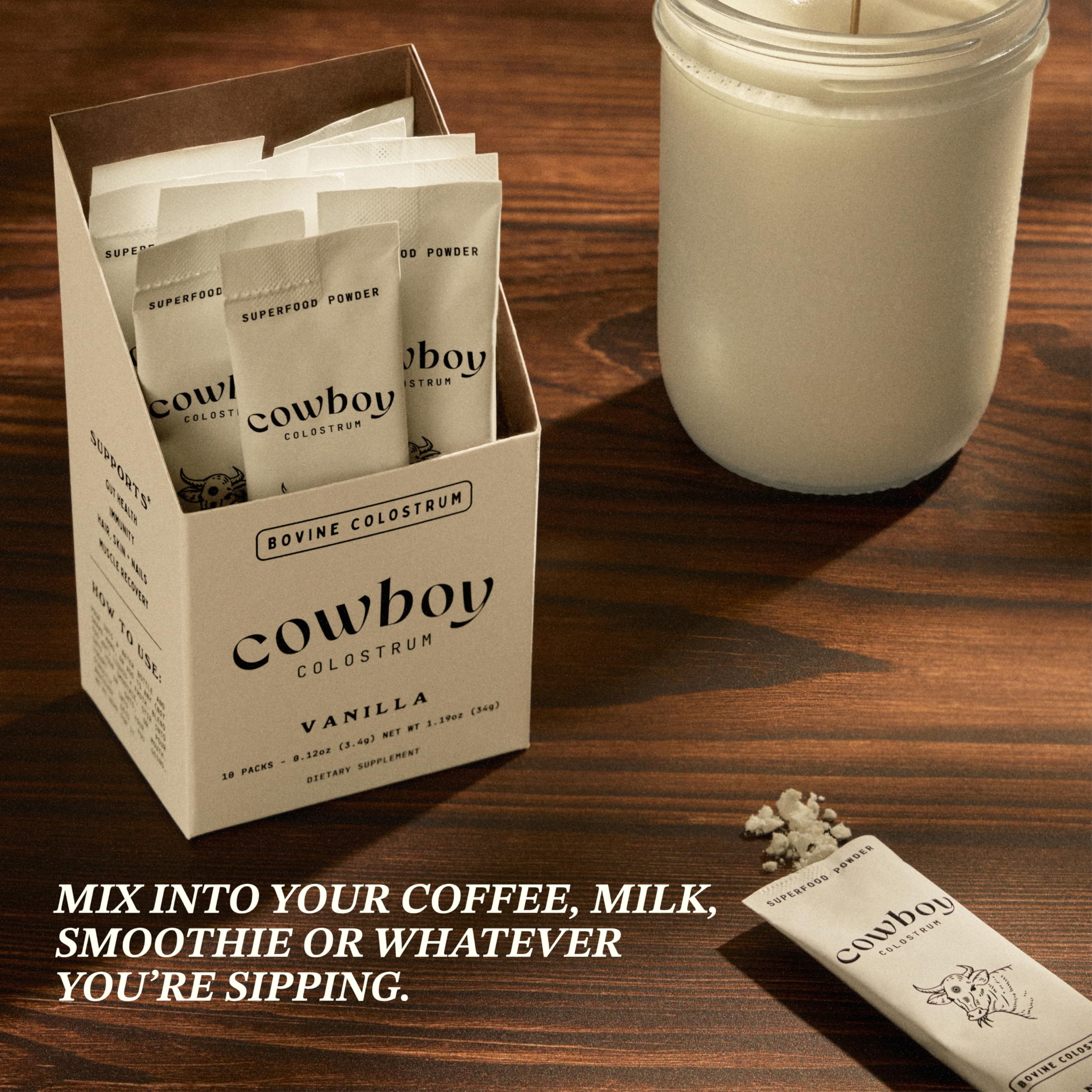 Empaque sostenible de Cowboy Colostrum garantiza calidad y ética.