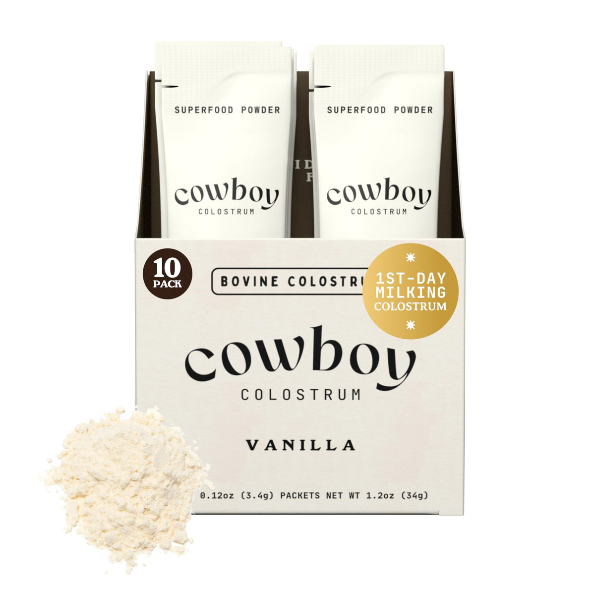 Cowboy Colostrum: paquetes de viaje vainilla para consumo cómodo en movimiento.