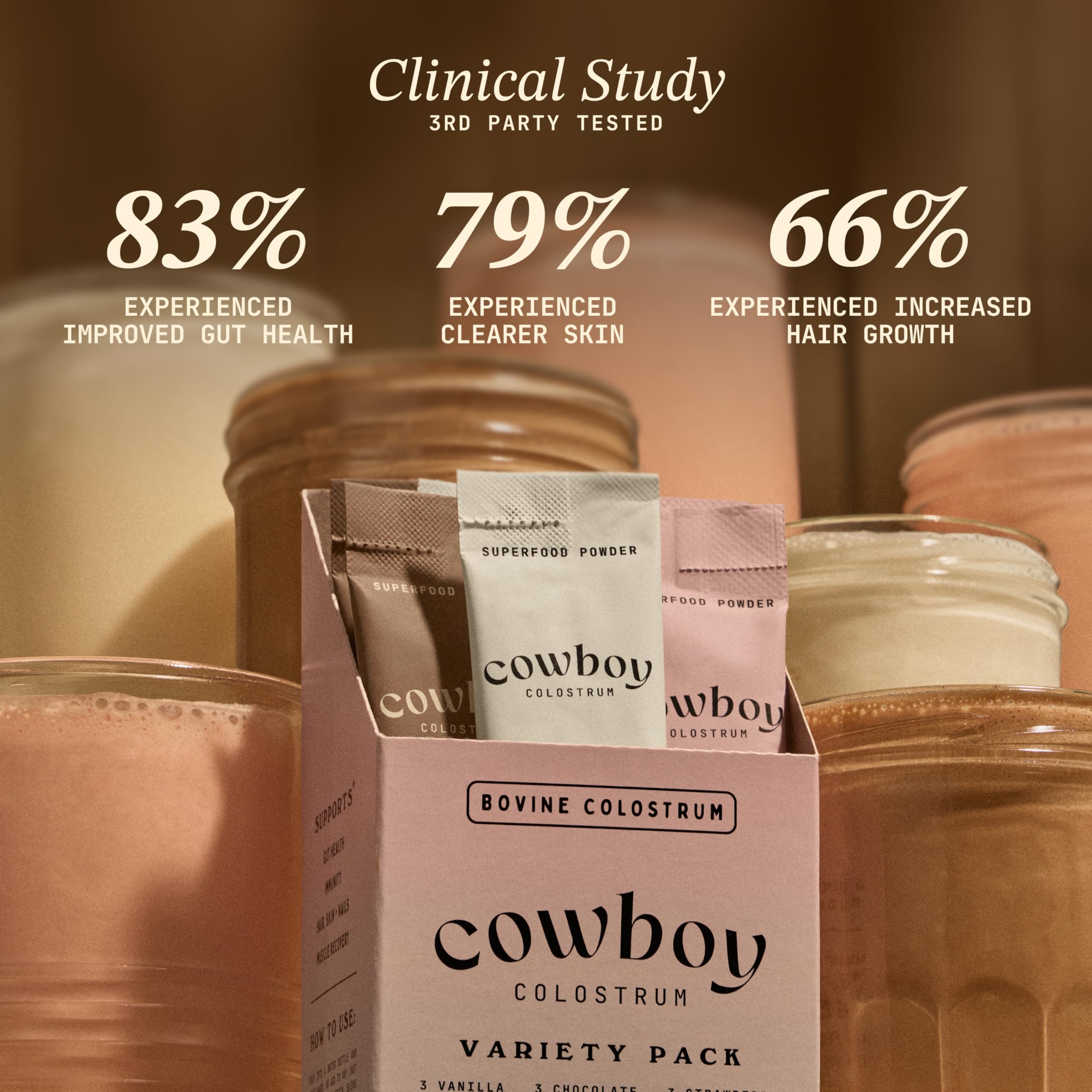Polvo de Cowboy Colostrum con textura cremosa para batidos nutritivos diarios.