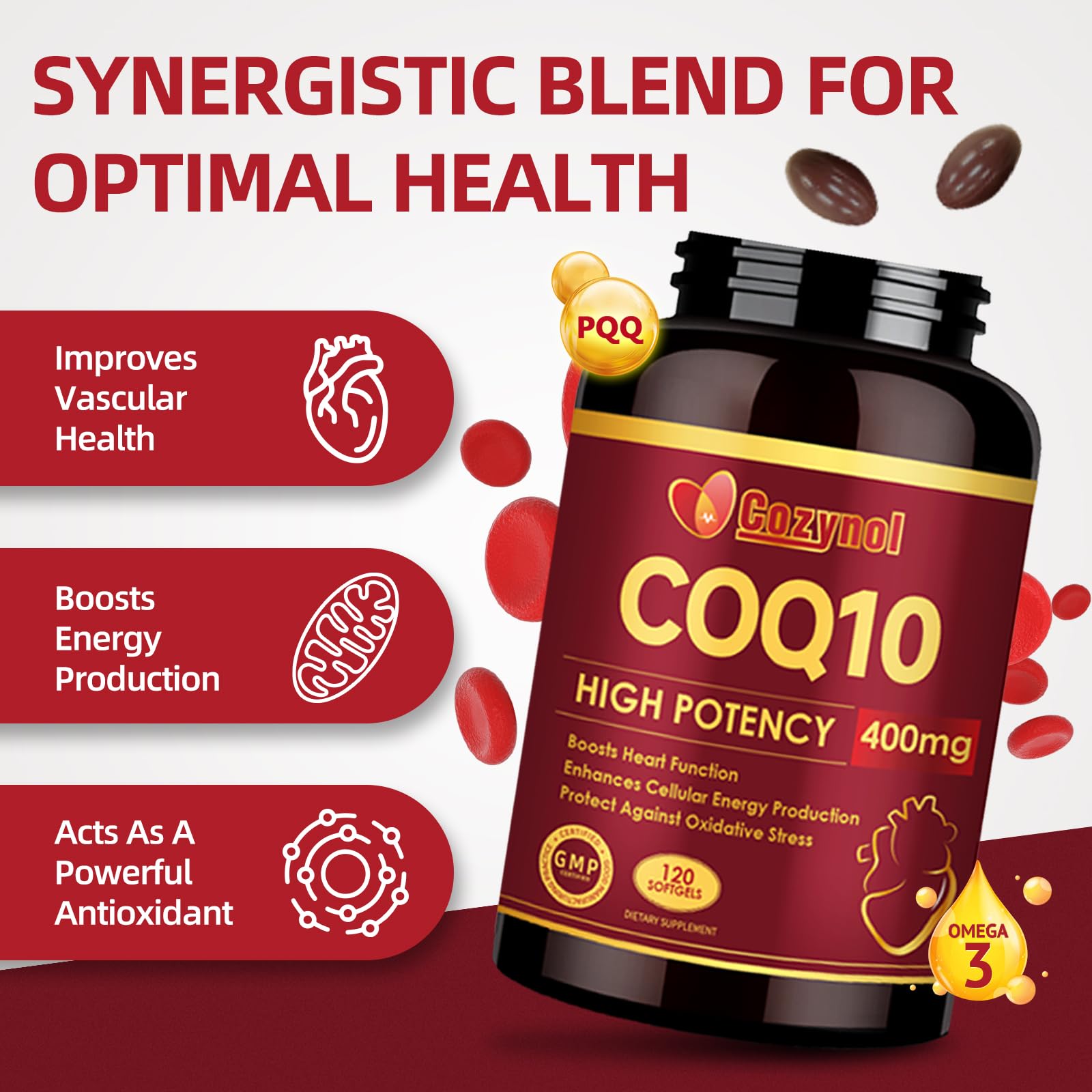 Ingredientes clave PQQ y Omega-3 en Cozynol CoQ10-400 mg para soporte mitocondrial.