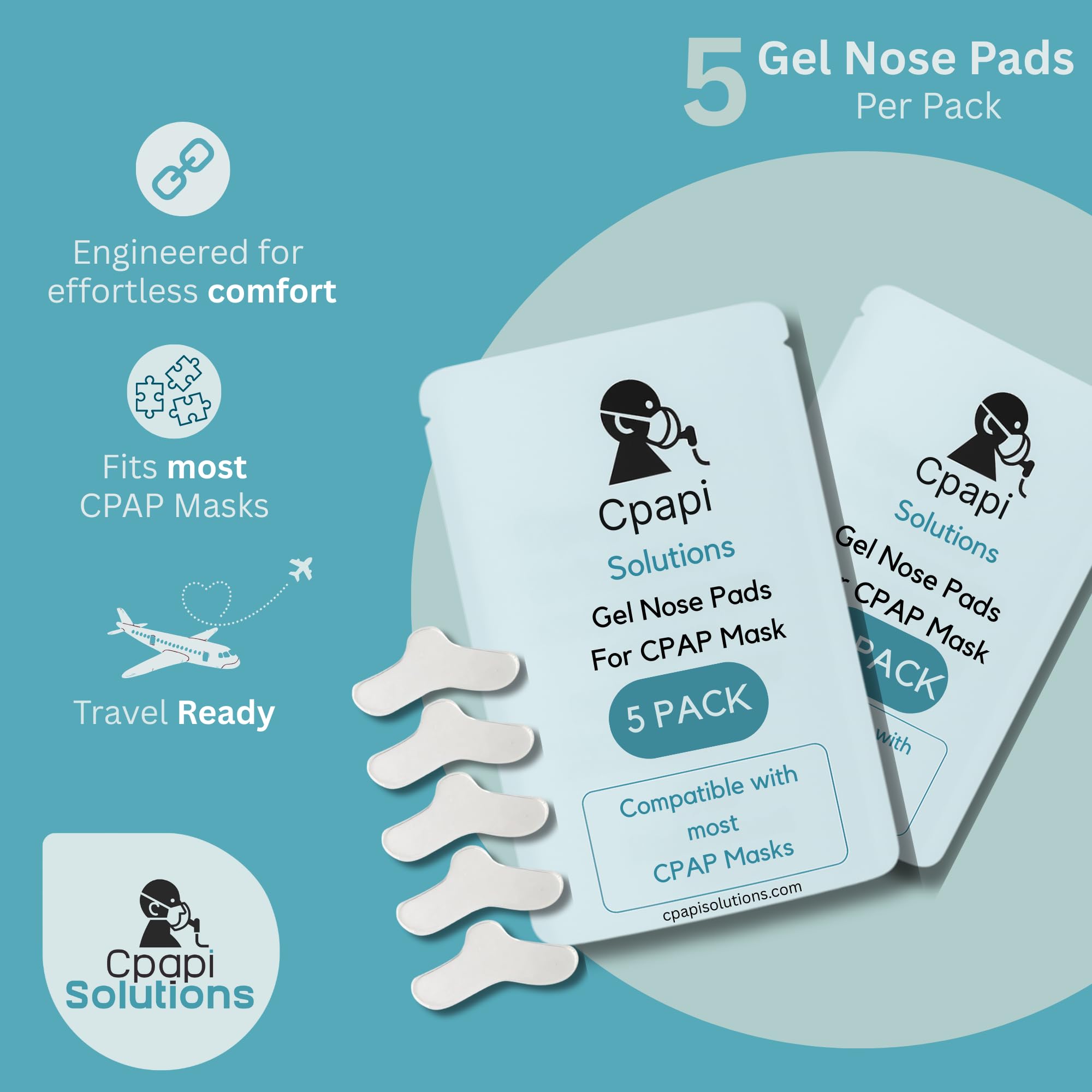 CPAPi Solutions almohadillas de gel para nariz 5-unidades en uso, aplicación para alivio de presión