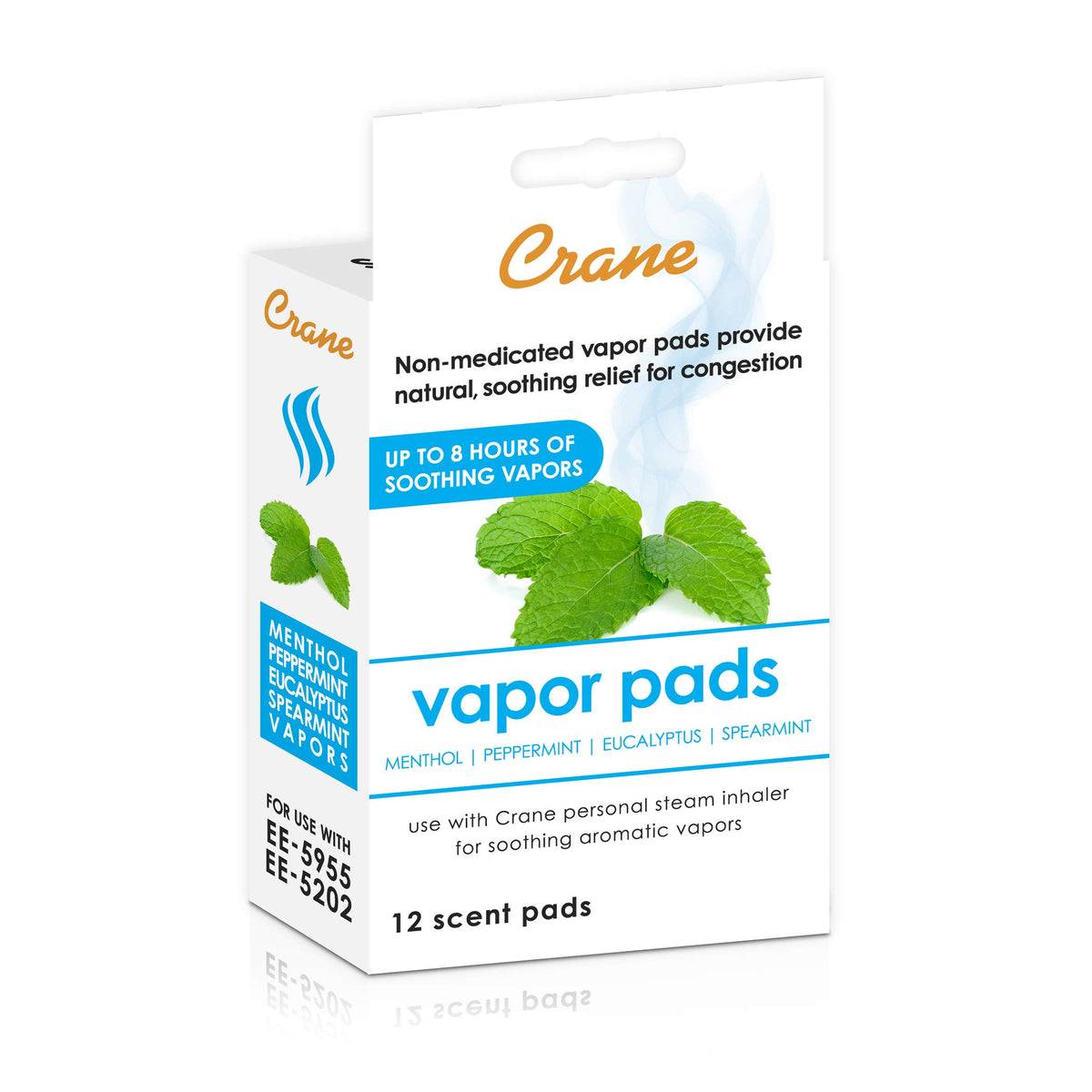 Crane mentol-eucalipto pads vapor: embalaje para uso doméstico y sensación fresca.
