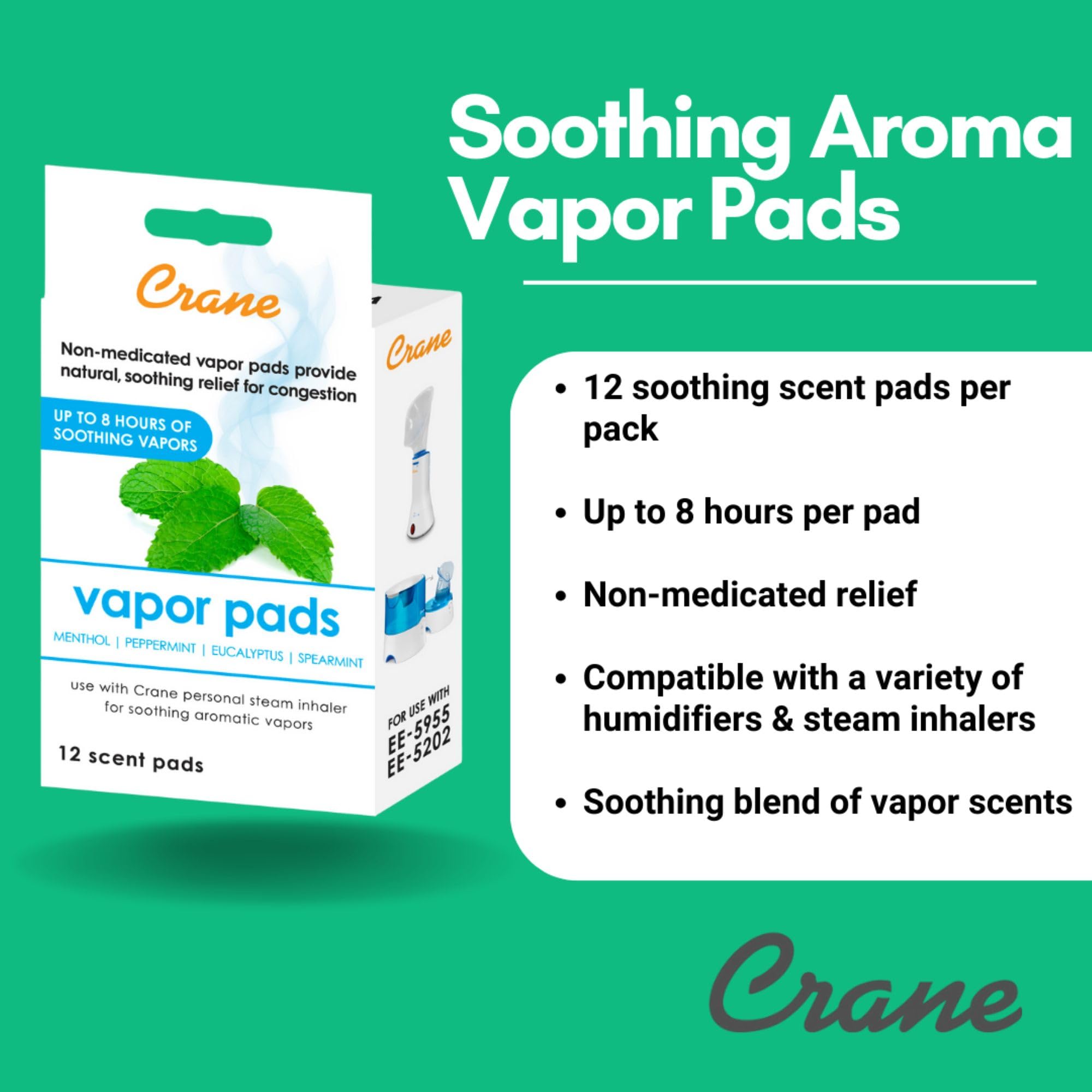 Crane mentol-eucalipto pads vapor: uso nocturno para una experiencia más confortable.