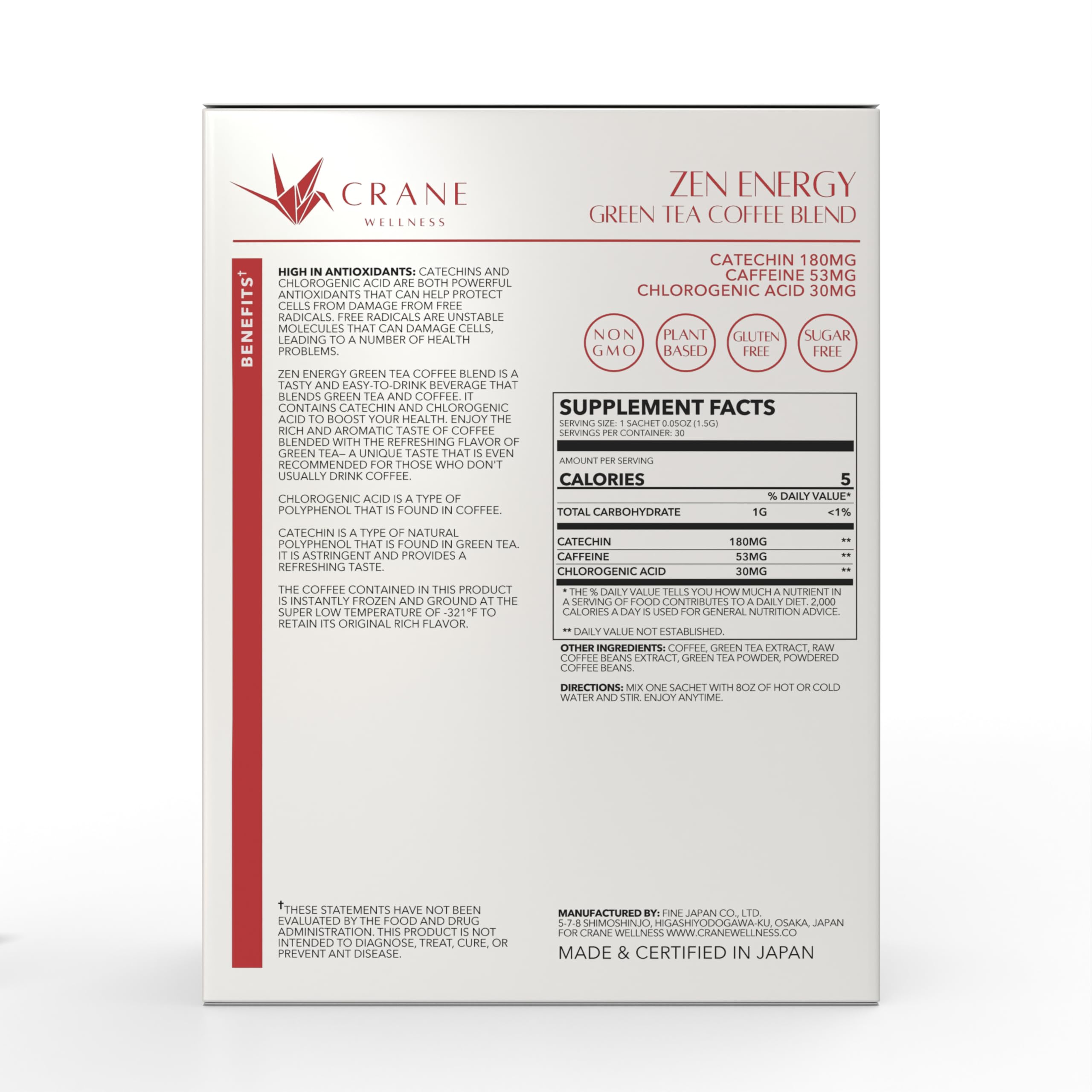 CRANE WELLNESS Energia Zen taza caliente, aroma intenso de café para concentración suave.