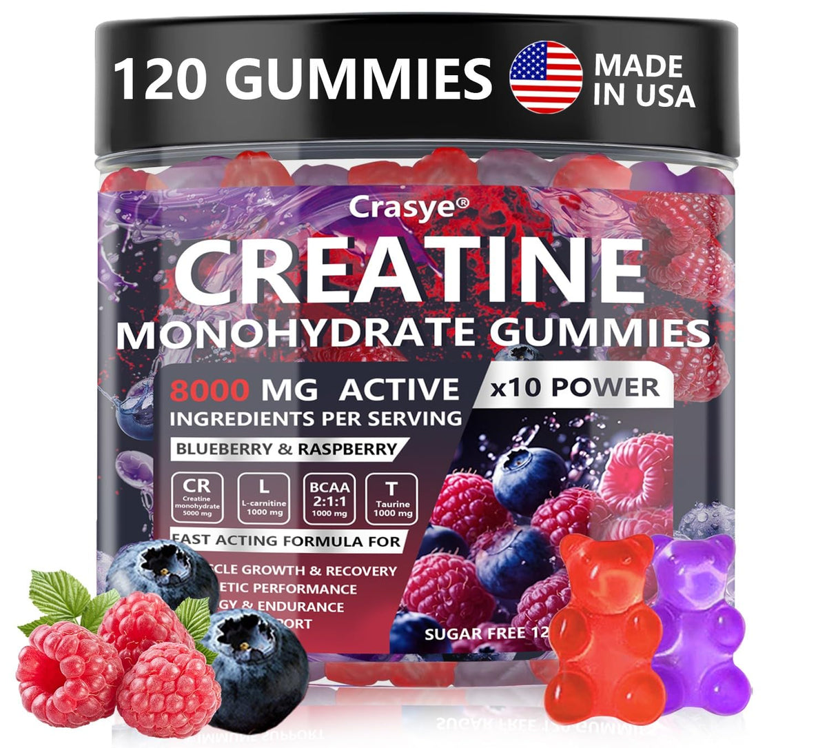 Crasye gomitas creatina 8000 mg, sabor frambuesa-arándano, en botella, energía sostenida para entreno