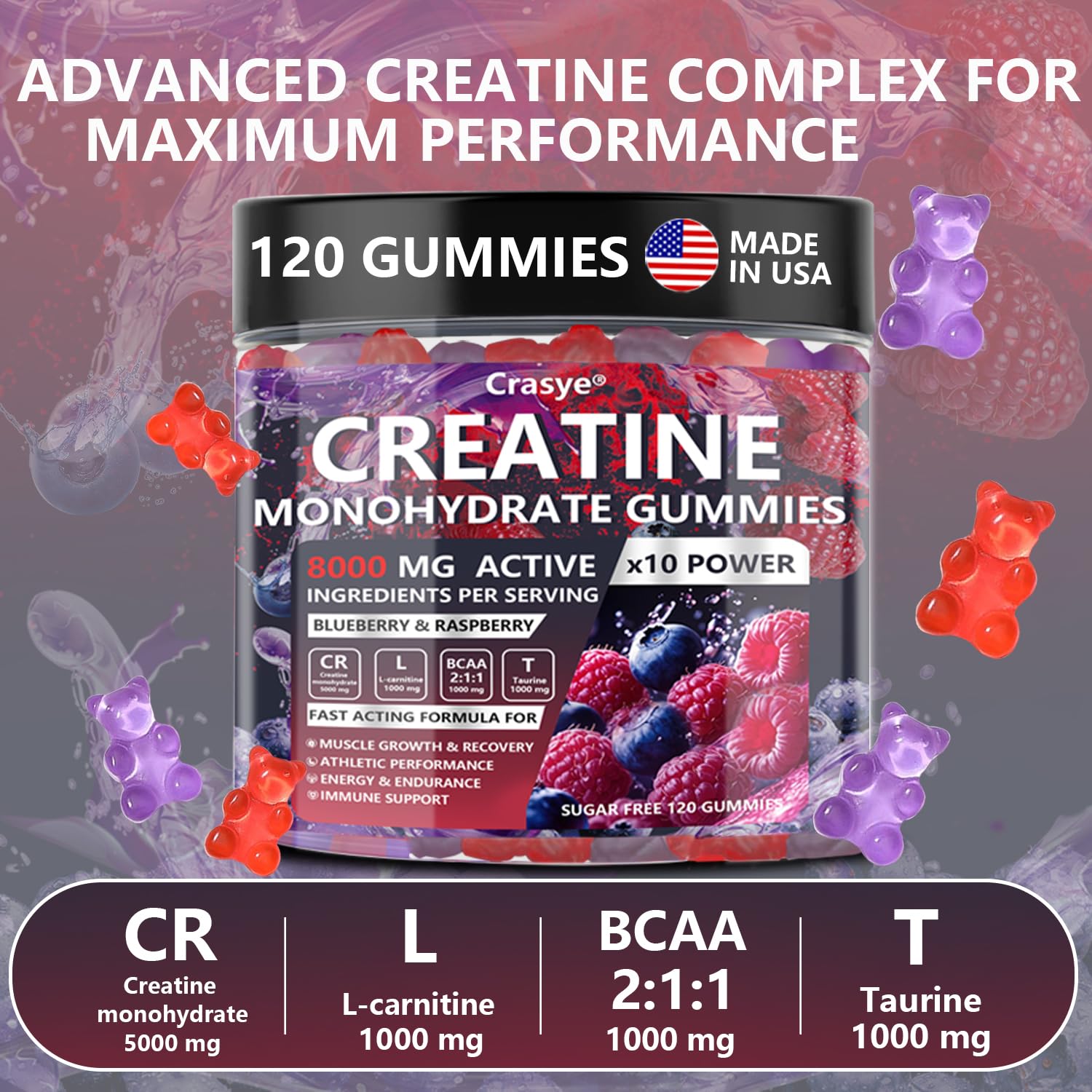 Etiqueta clara de Crasye gomitas creatina 8000 mg para dosificación