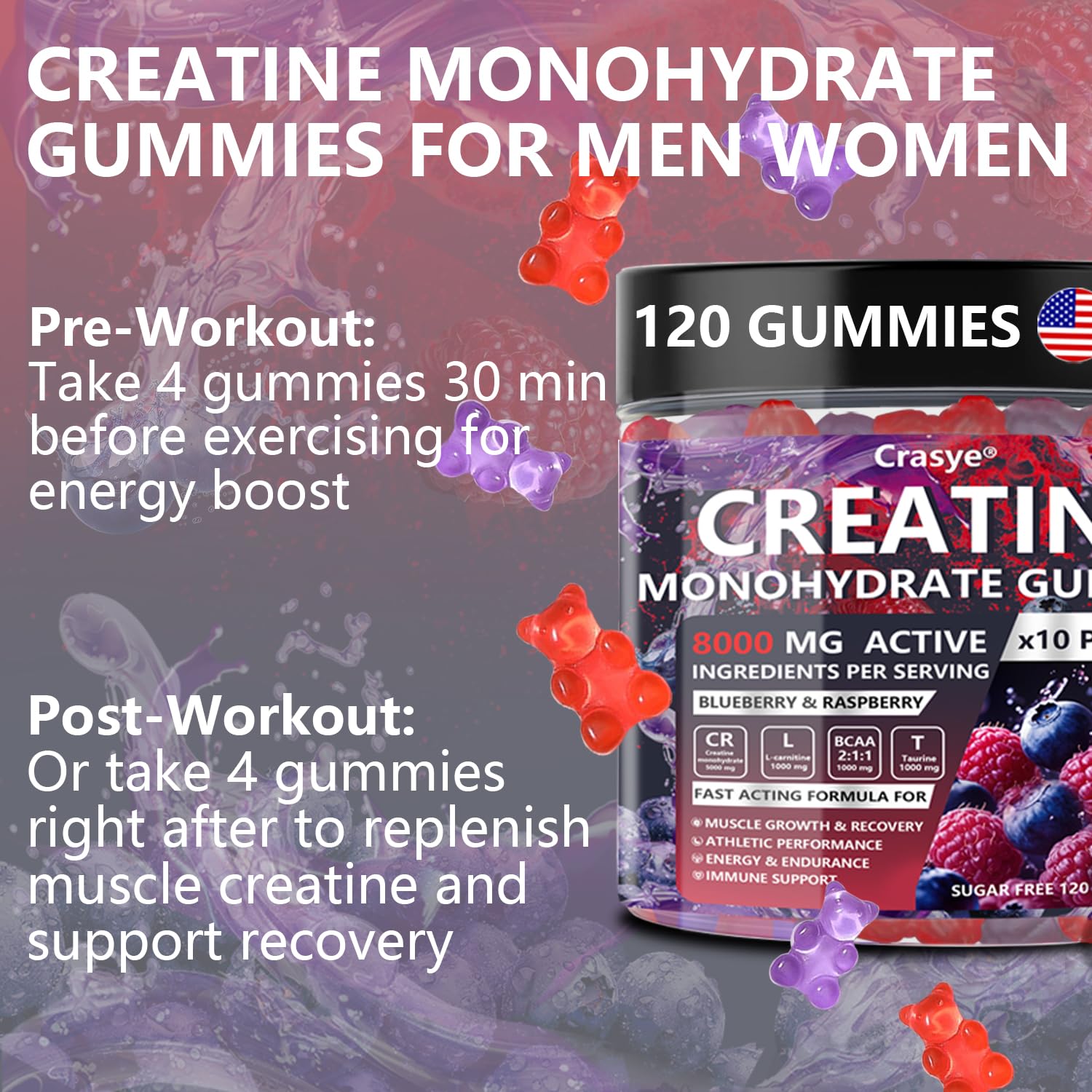 Uso portátil de Crasye gomitas creatina 8000 mg, formato práctico para llevar