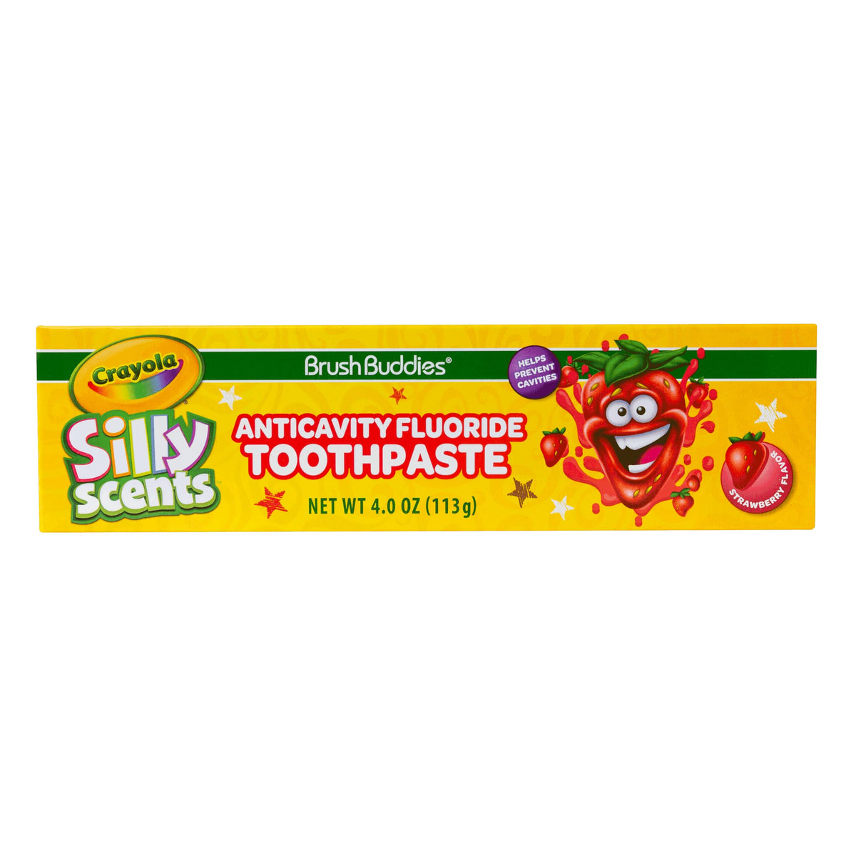 Tubo de Crayola Brush Buddies Silly Scents con sabor a fresa, ideal para cepillado diario.