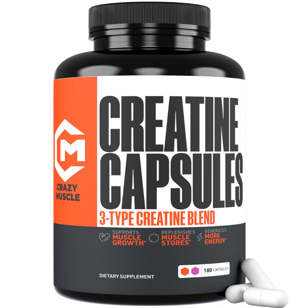 Crazy Muscle creatina en cápsulas 5 g, frasco práctico para uso diario.