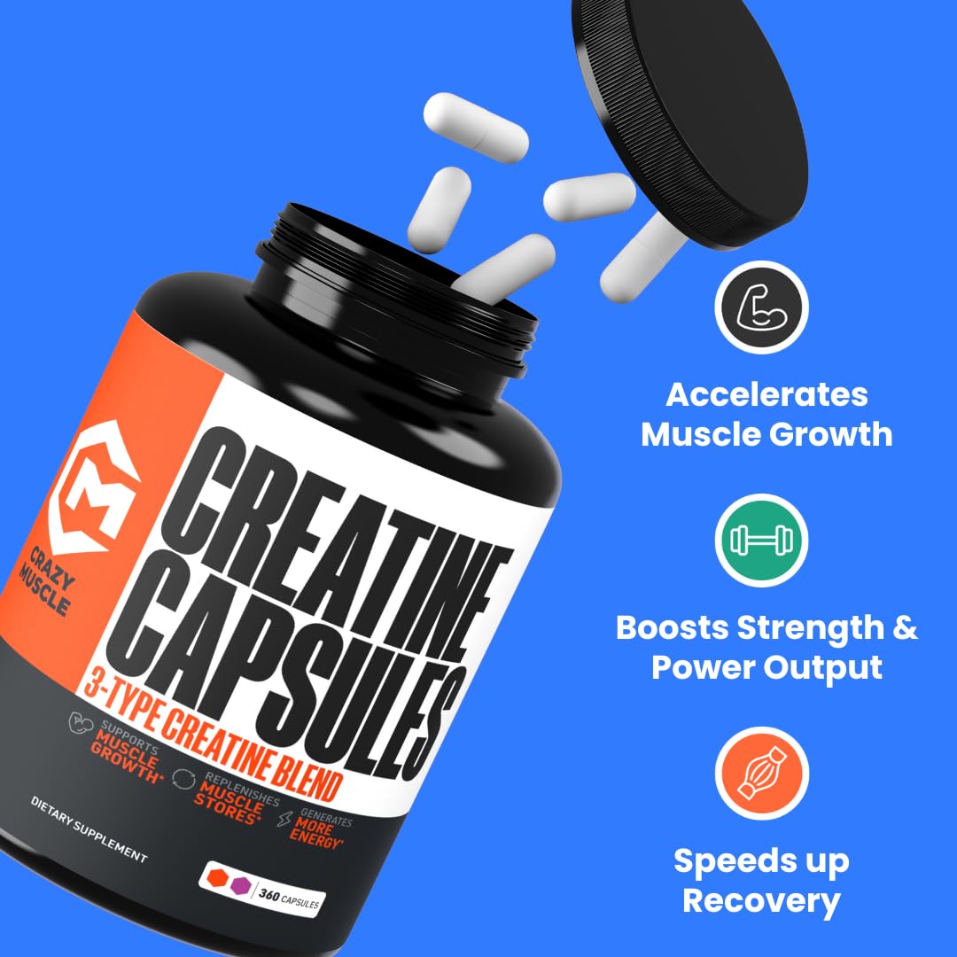 Crazy Muscle fórmula tres en uno en cápsulas para entrenamiento constante.