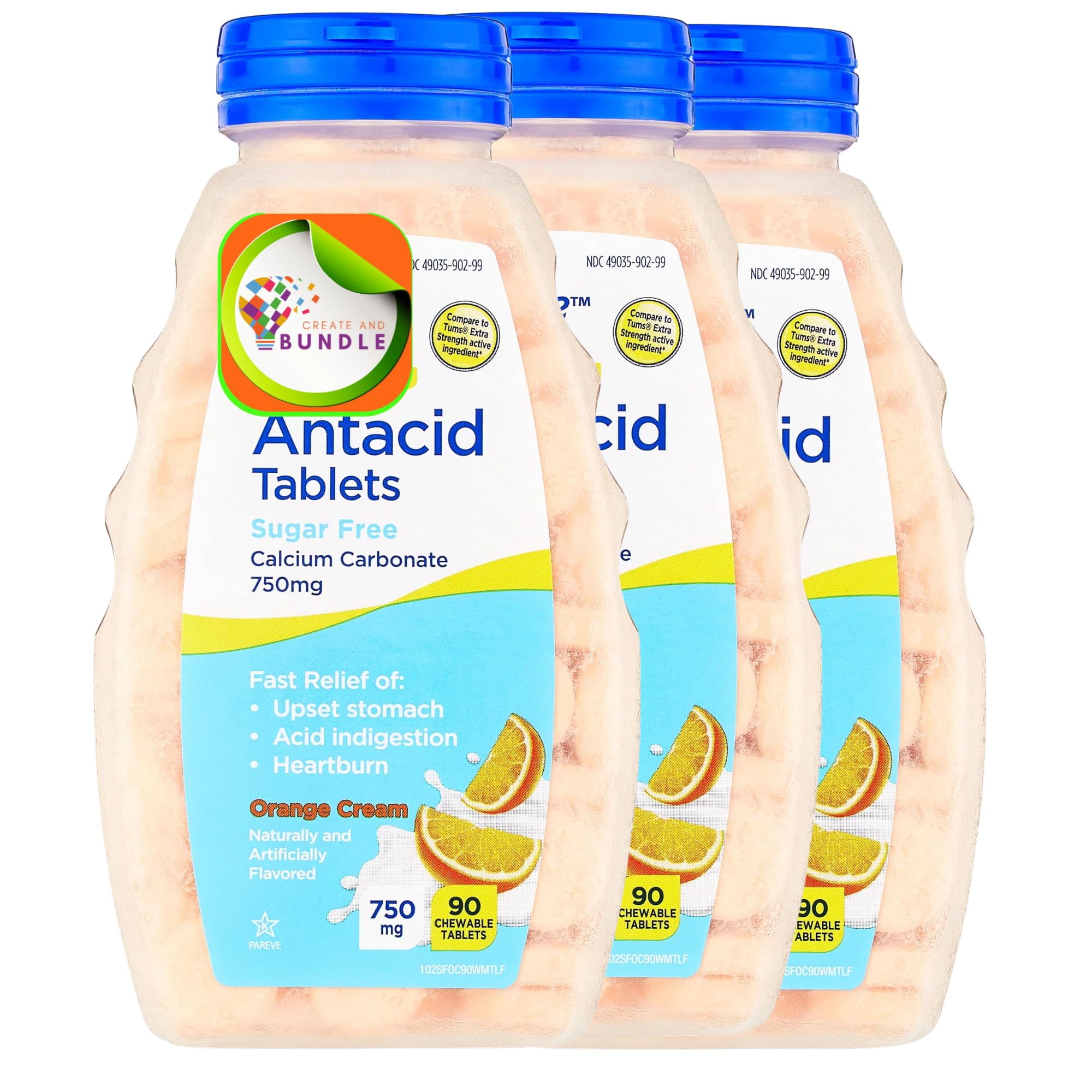 Create and Bundle tabletas antacidas sin azúcar, sabor naranja crema, opción conveniente para el día a día.