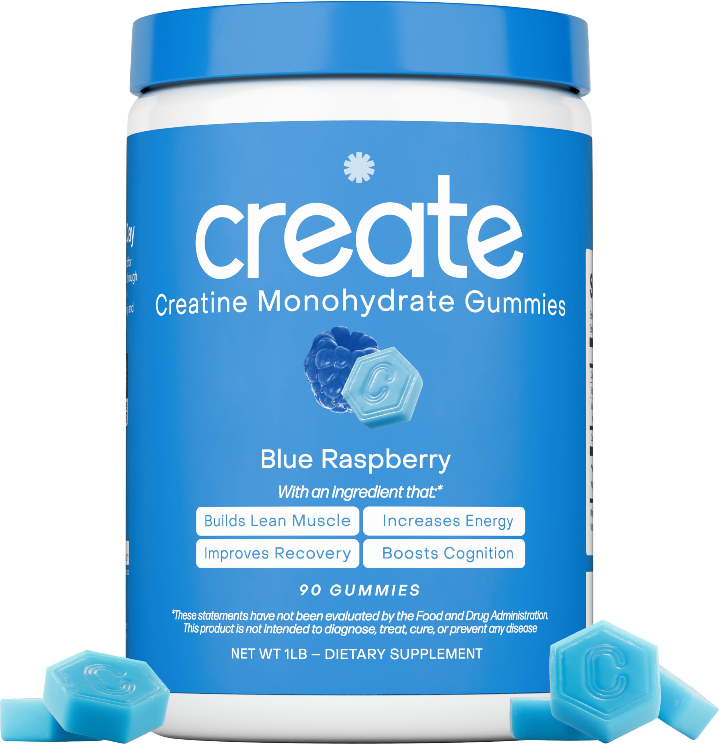 Gomitas Create de creatina monohidratada, sabor arándano azul, apoyando entrenamiento y resistencia