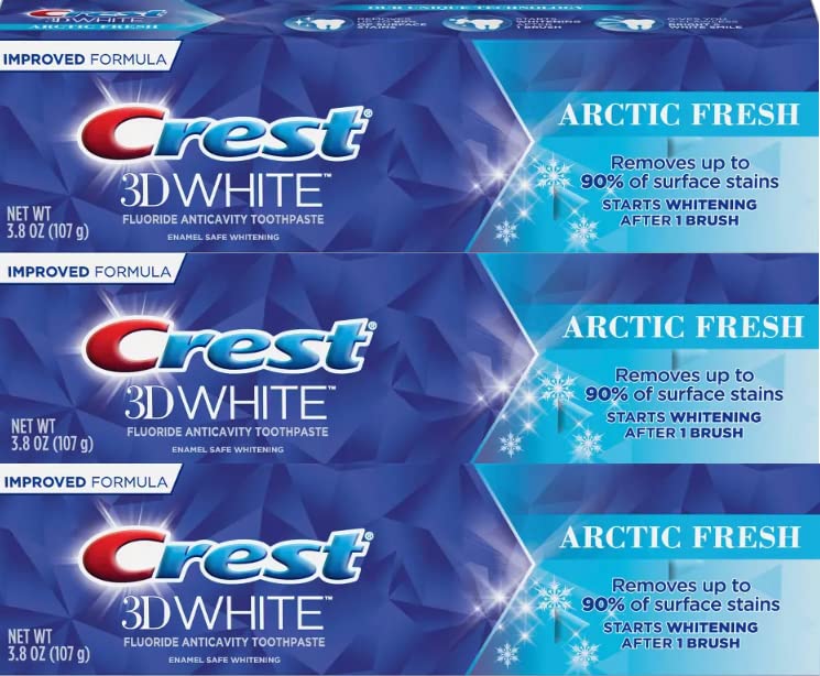Crest 3D White Arctic Fresh, tres tubos de 107 g, blanqueamiento y protección ante manchas.