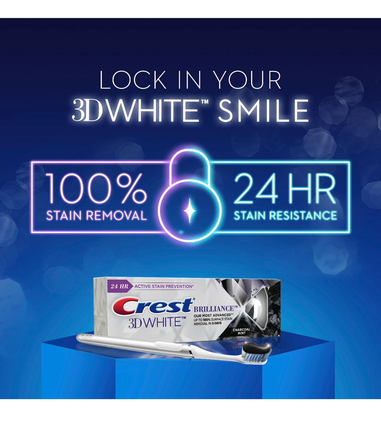 Crest 3D White Brilliance Charcoal, uso diario para apoyar la higiene bucal.